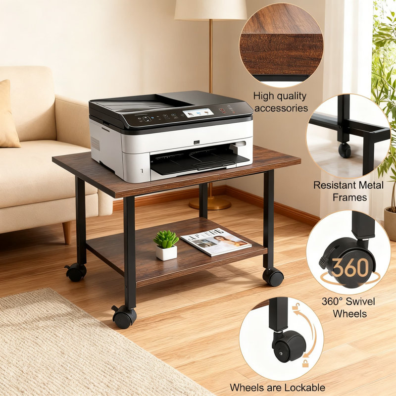 Support d'imprimante industriel industriel avec roulettes, table d'imprimante sous le bureau à 2 niveaux avec tablette de rangement, chariot d'imprimante roulant pour la maison et le bureau