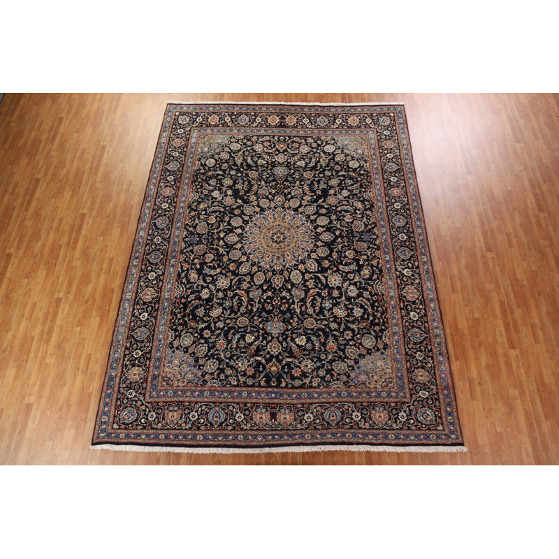 Tapis bleu marine à motif floral persan Kashmar noué à la main 10 x 13