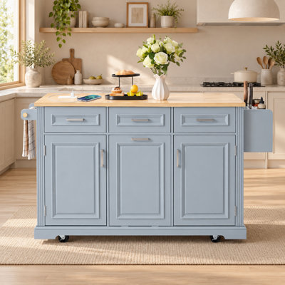 65" Modern Farmhouse Rolling Kitchen Island with Drop Leaf, Tilt-Out Trash Cabinet Power Outlet