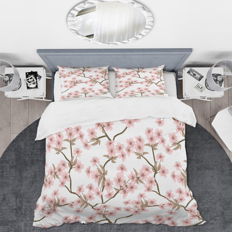 Blossoming Cherry Branches - Ensemble de housse de couette traditionnel - Microfibre de polyester