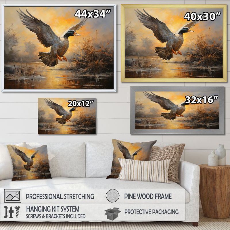 «Vintage Duck Flight at the pond II» - art mural canard, Cadre de coin blanc fermé, H 16 po x l 32 po x P 1 po