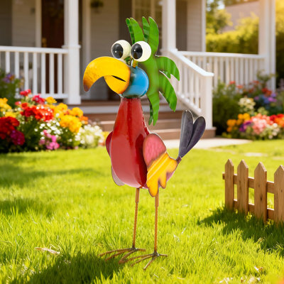 19.7" Handcrafted Metal Cartoon Parrot Statue with Ground Stake, Glossy Multi-colour