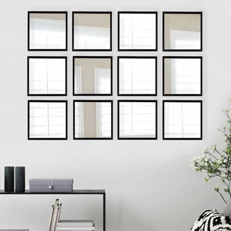 Ensemble de miroir élégant 12 pièces, 9,4 x 9,4 pouces, 100% verre avec cadre en plastique stratifié, argent et noir | Parfait pour la décoration intérieure, décoration élégante pour le salon, la chambre à coucher et le couloir, design polyvalent