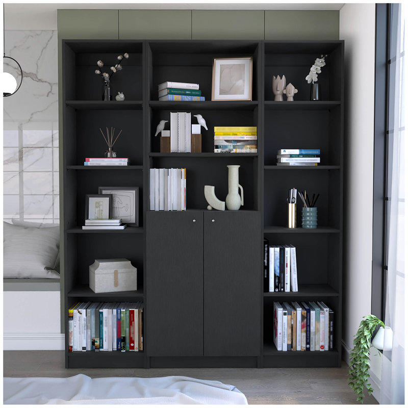 June 3 Piece Home Bookcase Set, 60" Wide With 13 Shelves And Two-Door Cabinet ,  Living Room Set Set  Black, Black