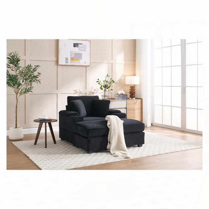 Chaise rembourrée avec repose-pieds, porte-gobelets, assise profonde et coussins amovibles, Velours côtelé noir