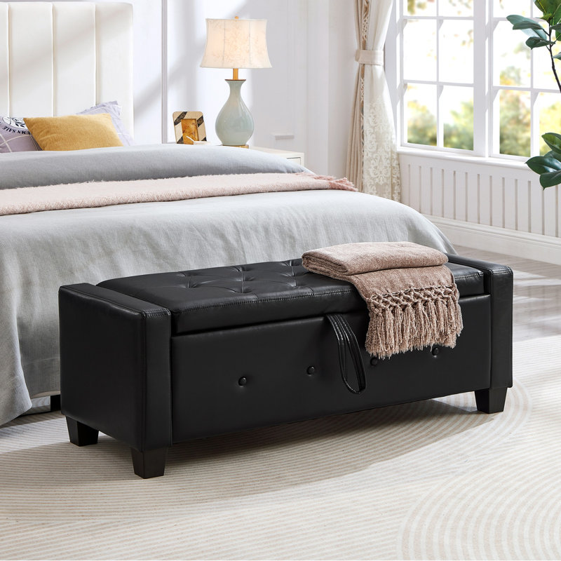 48" Ottoman Bench With Storage, Bench For Bedroom,Living Room,Hallway, Upholstered Tufted Faux Leather PU Ottoman, Black