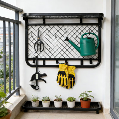 Reversible Garage Wall Grid Shelf With Hooks - Heavy-Duty All-Steel Storage Organizer For Tools And Supplies