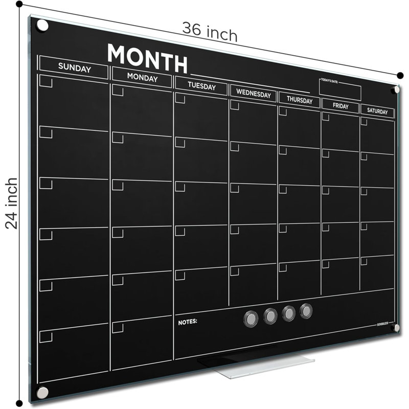 Black 24”x36” Magnetic Glass Whiteboard Calendar Planner