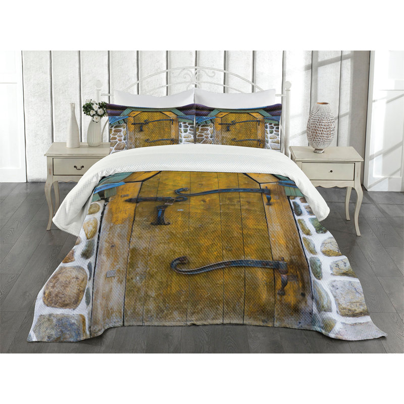 Ambesonne Rustic Bedspread Set  Antique Door Stone House  Multicolor, King Coverlet / Bedspread + 2 Standard Shams