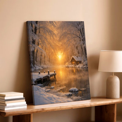Winter Cabin Lake Sunset Snowy Forest Landscape Canvas Wall Art Print, Landscape Decorative Artwork for Home Decor, Bedroom, Living Room, Office, Gall