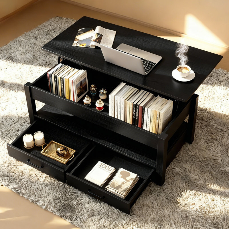 Table basse à plateau relevable avec tiroirs et compartiment caché, Noir