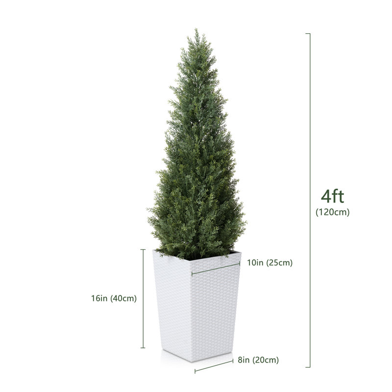 Adcock Faux Cedar Topiary Tree 4FT - UV Resistant Fake Cypress Tree with Big Planter and Decorative Plants, 1, White