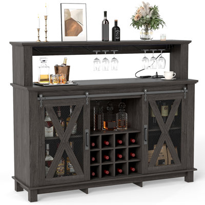 55" Farmhouse Bar Cabinet, Wine Coffee Bar Cabinet With Led Lights And Sliding Barn Door, Home Bar With Wine Racks And Glass Holder