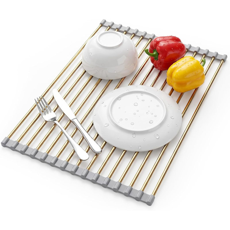 Égouttoir à vaisselle Roll Up, égouttoir à vaisselle en acier inoxydable au-dessus de l'évier avec silicone antidérapant pour comptoir de cuisine, doré (17,8 x 11,8 po)