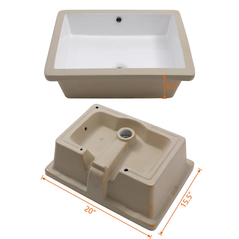 Lavabo de salle de bain rectangulaire encastré en céramique blanc avec trop-plein l 20 po x P 15,5 po