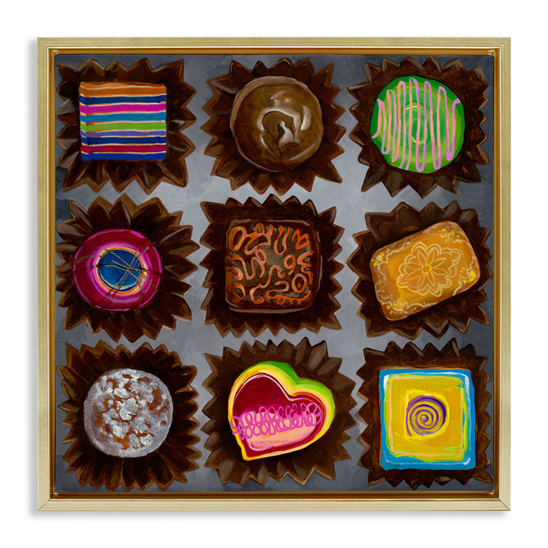 «Divers Dessert Chocolates», art mural encadré par Liz Jardine, Cadre flottant métallique doré, H 25 po x l 25 po