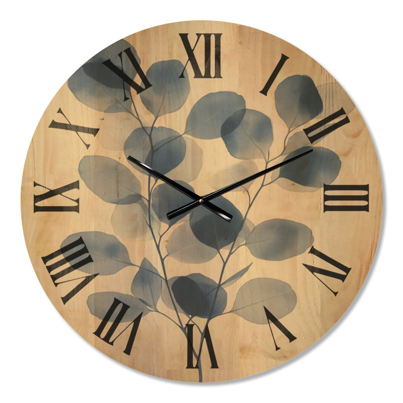 Indigo Eucalyptus Branch II - Horloge murale ronde de style ferme, impression sur bois, Grand