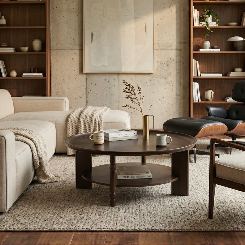 Transitional 40"W Round Unique Turned Spindle and Slab Leg Design Coffee Table with Storage Shelf, Auburn