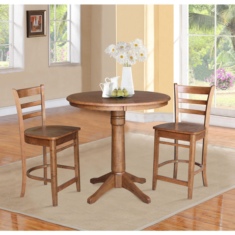 Solid Wood Round Pedestal Table with 2 Counter Height Stools