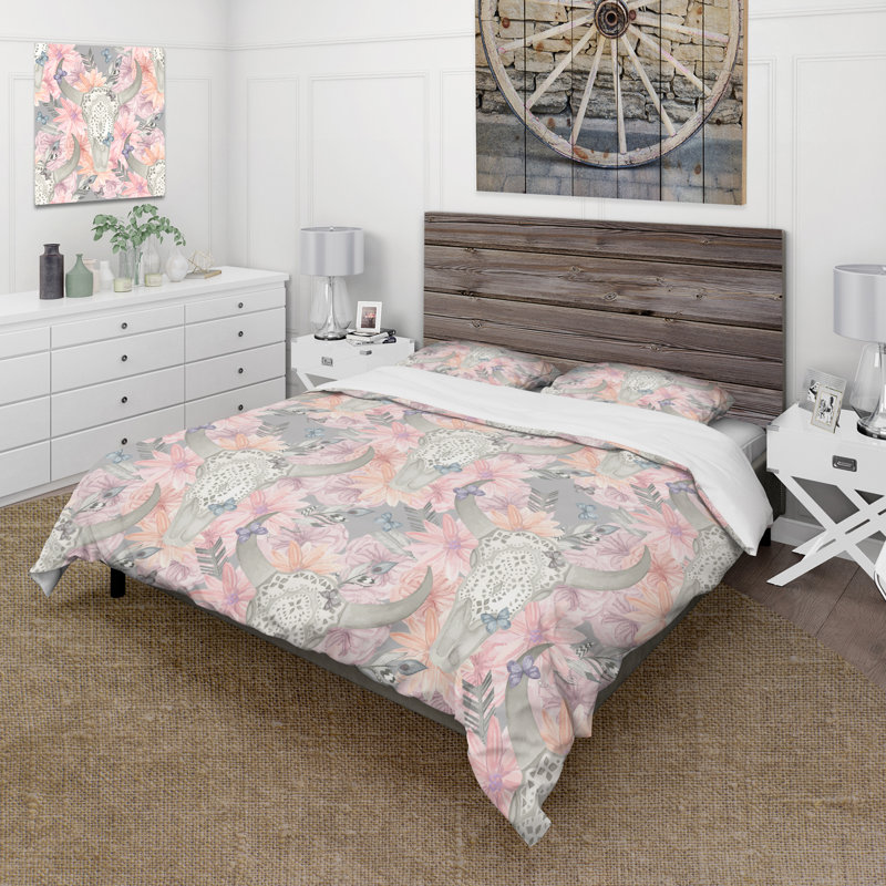 Crâne de taureau et fleurs roses - Ensemble de housse de couette traditionnel - Microfibre de polyester