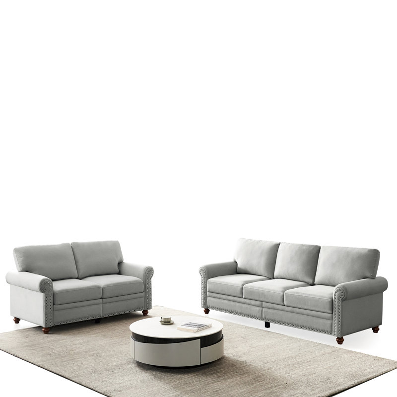 Canapé modulaire 2 + 3 avec rangement, revêtement en tissu gris et structure de siège solide