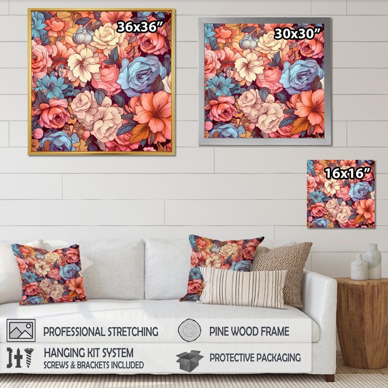 «Blossoming Retro Pink and White Roses» sur impression sur toile, Cadre flottant noir, H 24 po x l 24 po