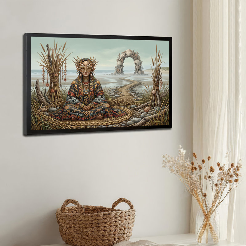 Figurine fantastique avec masque de coquillage sur toile murale représentant un sentier côtier, H 12 po x l 18 po