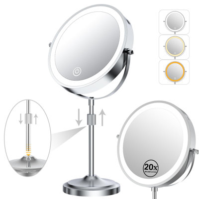 9" Magnifying Mirror With Lights 20X, Height Adjustable Lighted Makeup Mirror With Magnification, Dimmable, 3 Lighting Colors, Chrome