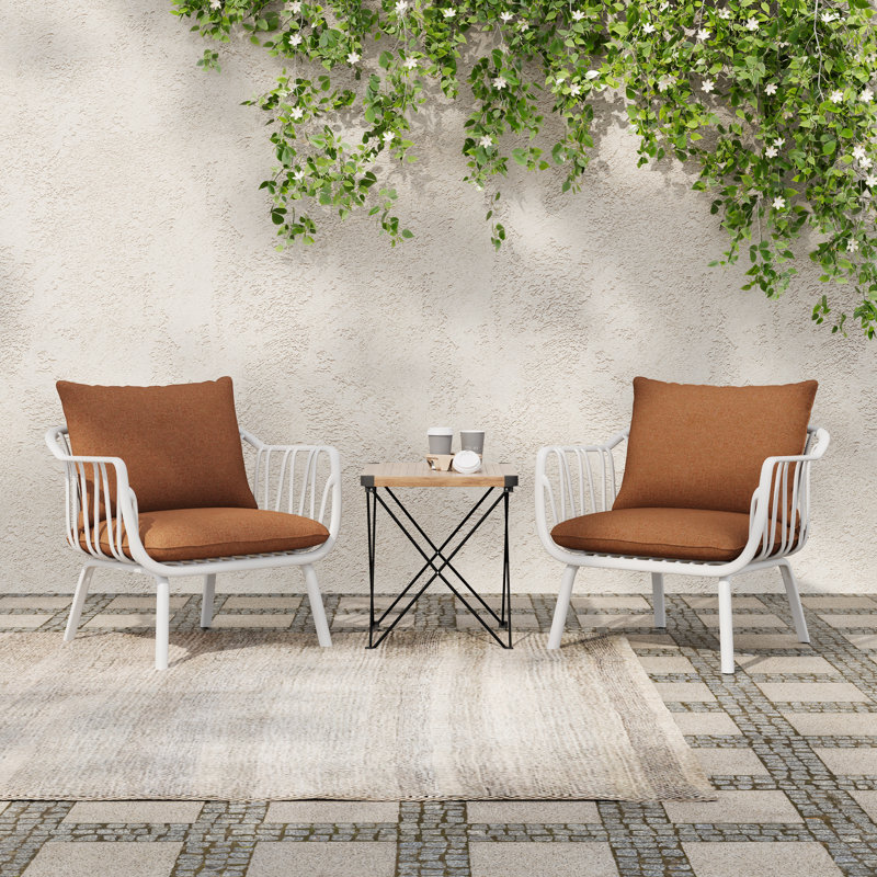  Huron Outdoor Patio PP Club Chair with Open Slat Accents, Weather Resistant, White and Brown Set of 2