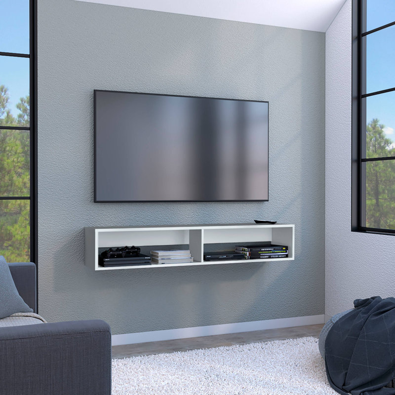 Meuble télé flottant avec deux tablettes ouvertes, compartiments multimédia et gestion des câbles, Blanc