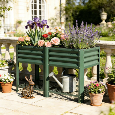 Boîte à fleurs surélevée pour l'extérieur, lit de jardin surélevé avec tablette de rangement, boîte à fleurs surélevée en métal avec pieds pour légumes, fleurs, herbes, vert 47,2 po x 21,7 po x 31,5 po