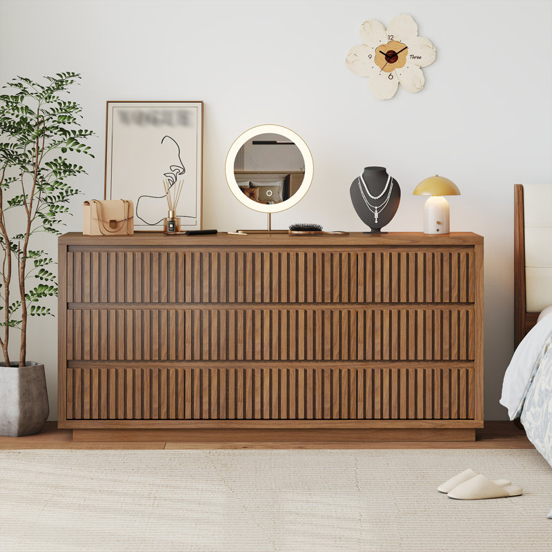 58'' W 9 - Drawer Fluted Dresser, Wood Storage Closet Dressers Chest Of Drawers, Walnut