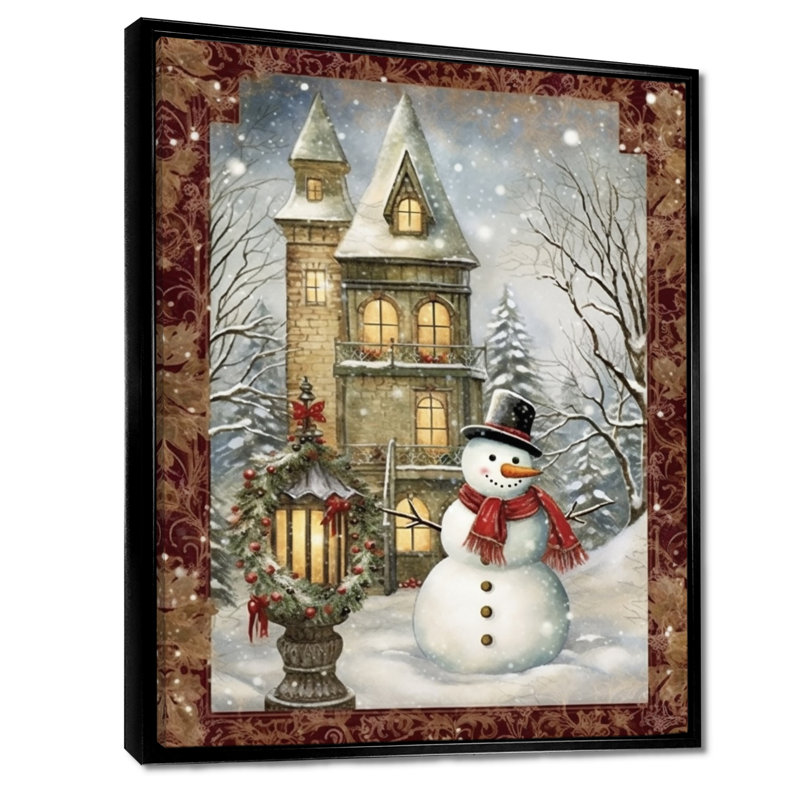 Christmas Snowman In Snowy Winter Rustic Landscape - Christmas Wall Art Living Room, Toile avec cadre flottant noir
