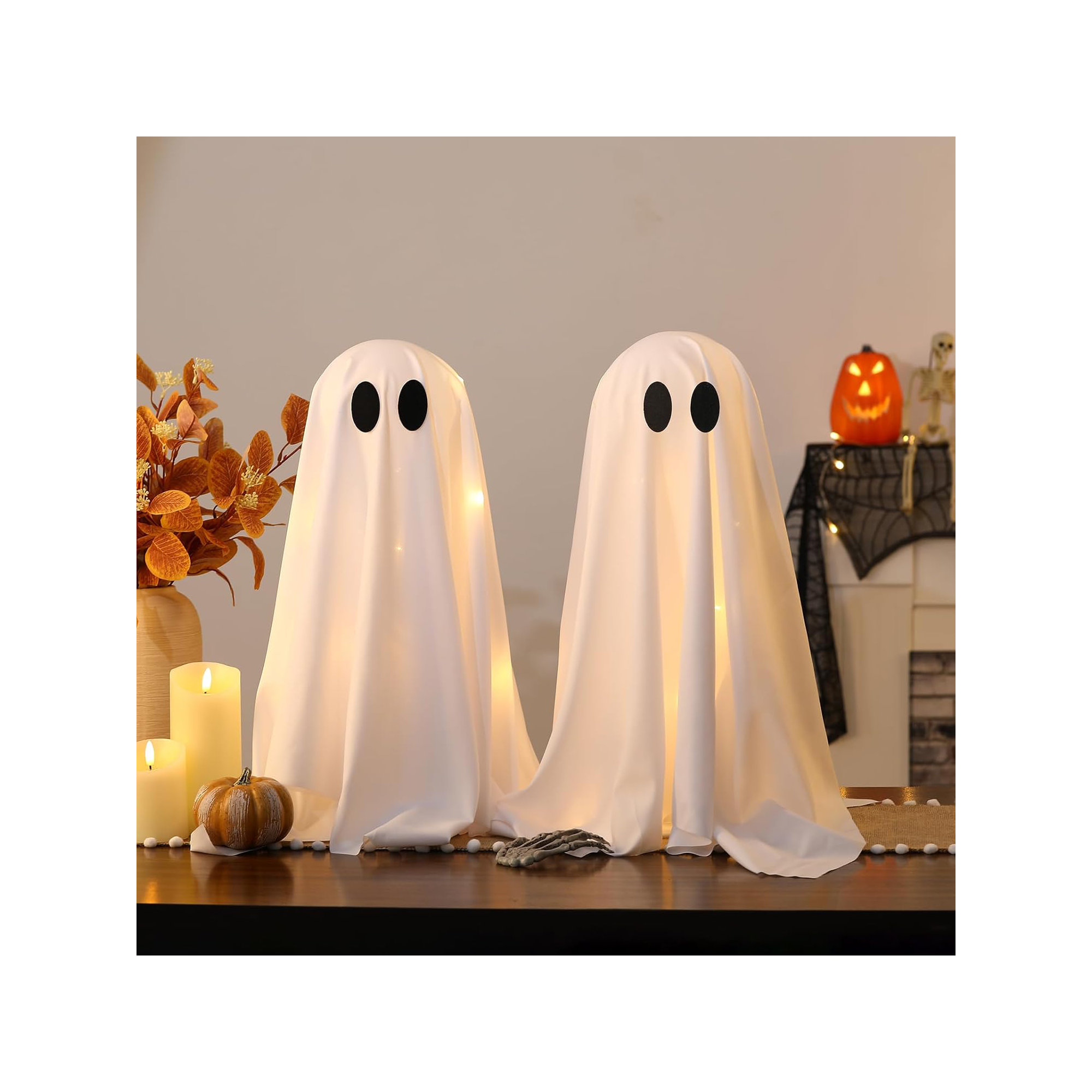 Halloween Decorations -2 Packs Spooky Ghosts With String Lights-Scary Ghost For Halloween Decor Indoor Party Home Table Room Kitchen And Fireplace Decor