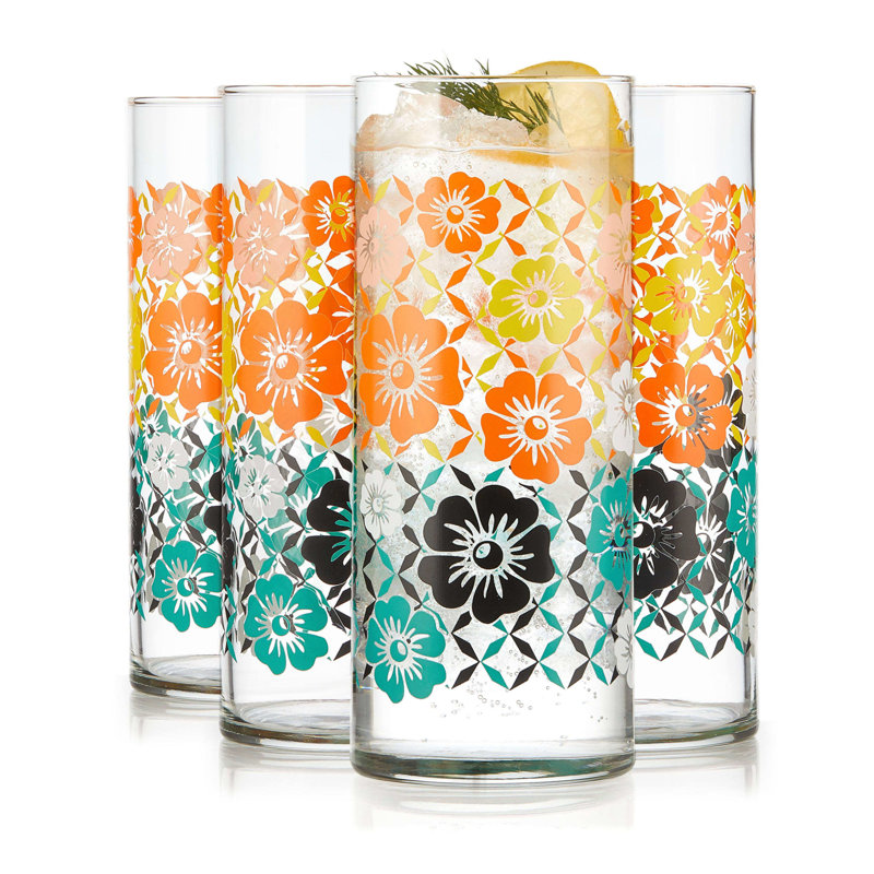 Libbey Retro Floral Design Colorful Glass Set, 16 oz, Set of 4