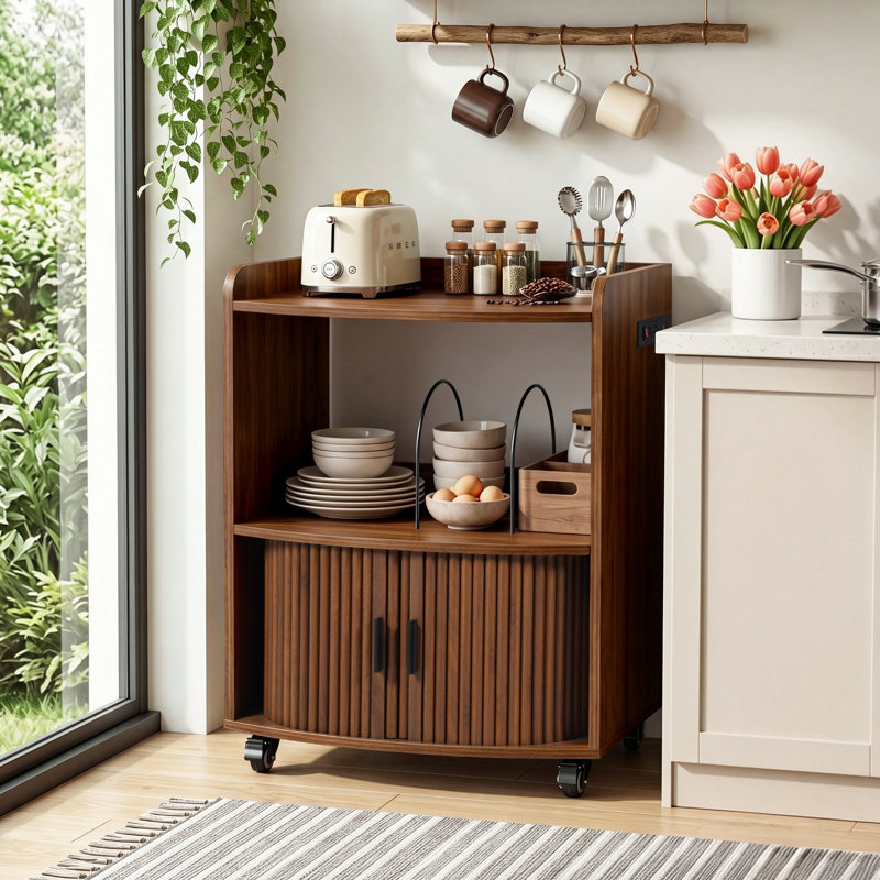 Armoire à café roulante avec prise de courant, chariot de cuisine mobile avec portes coulissantes et tablettes de rangement (l 23,62 po)
