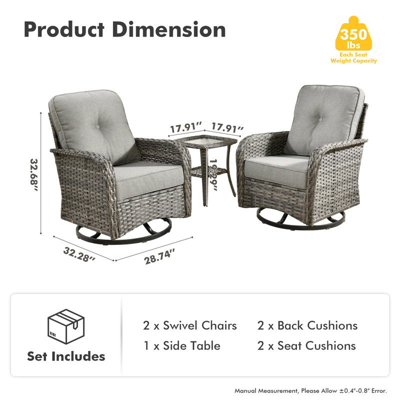 Chaise berçante pivotante avec coussins et table d'appoint Jordanlee, Gris