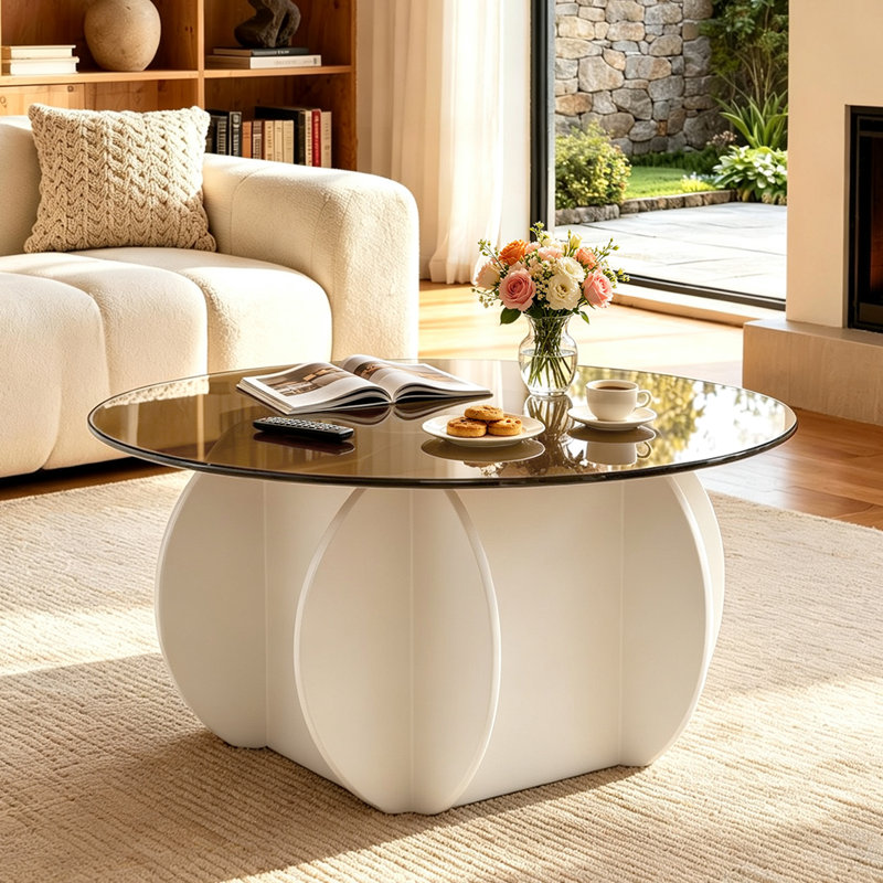 Table basse 31,5 po pour salon Mid-Century moderne avec plateau en verre et bois (blanc)