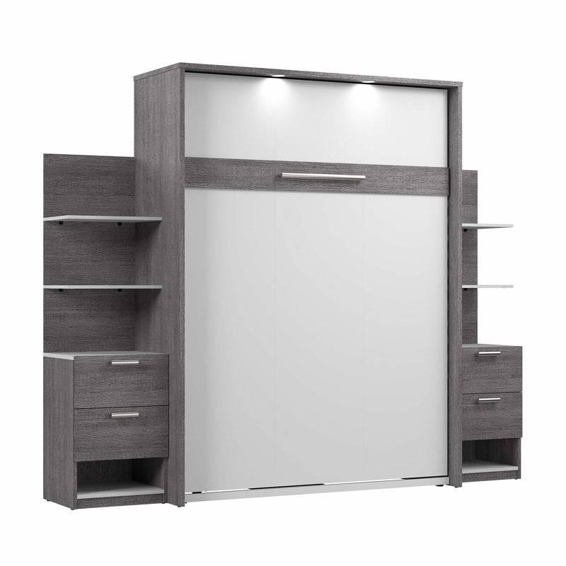 Lit escamotable avec tables de chevet et tablettes flottantes Osterman, Écorce gris, Grand