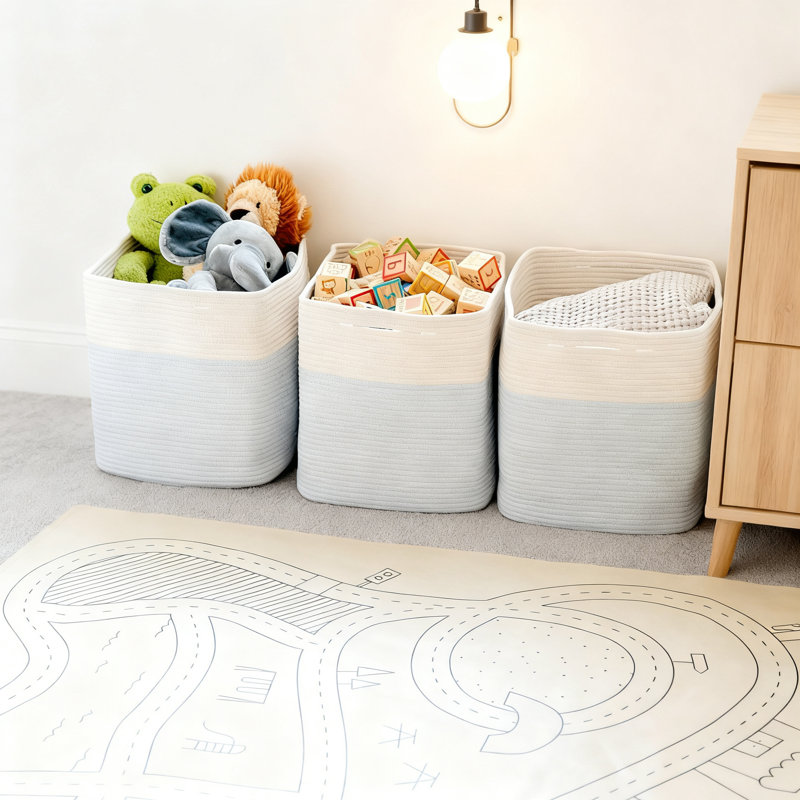 Ensemble de 3 bacs de rangement | Paniers de rangement en corde de coton tissé avec poignées renforcées | Conception extra profonde de 15 pouces pour une capacité de rangement maximale