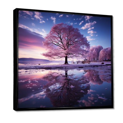 Pink Tree In The Lake Snowy Christmas Morning - River Wall Art Living Room