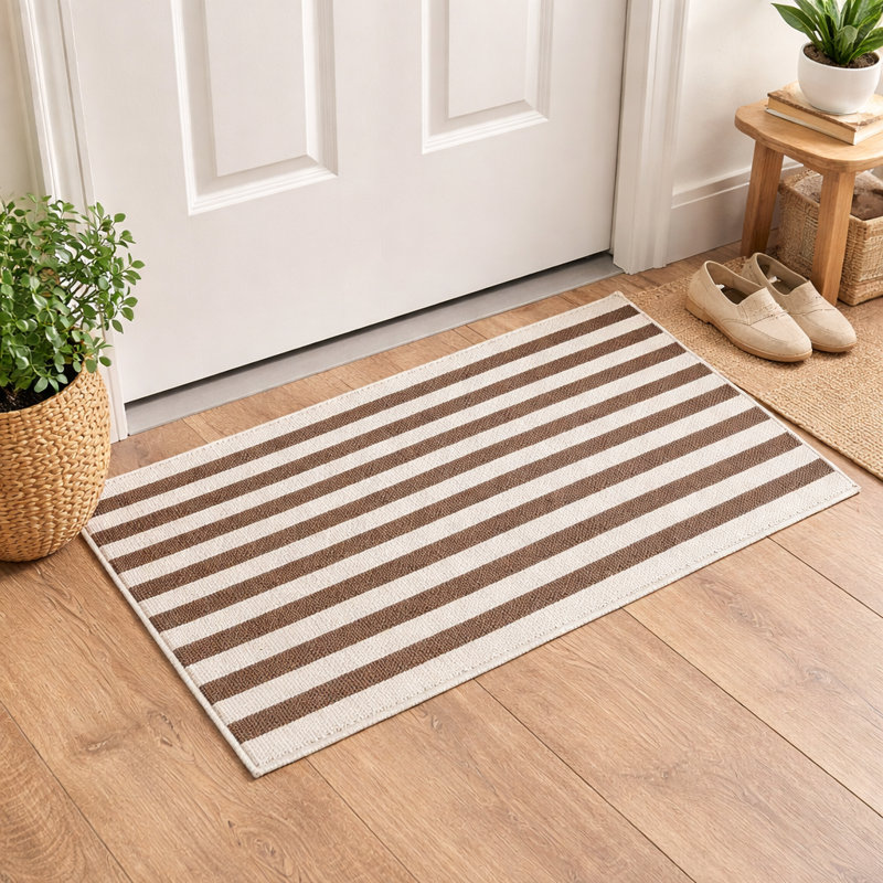 Cotton Blend Woven Classic Striped Area Rug 24" W X 36" L, Coffee