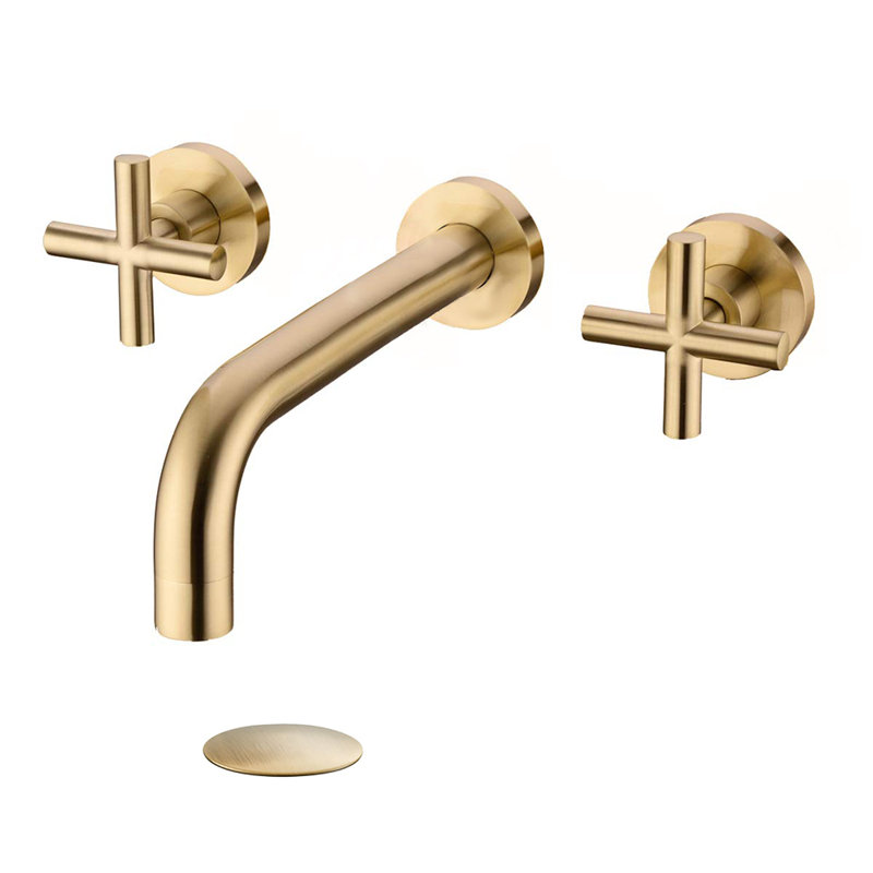 Wall Mounted Optional 2-handle Bathroom Faucet with Drain Assembly, Brushed Gold, Yes