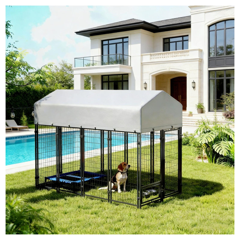 Grand chenil d'extérieur pour animaux avec structure en acier et housse en tissu Oxford, enclos pour chien argenté