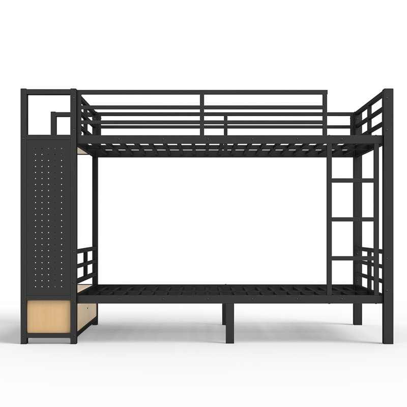 Lit superposé simple TG au-dessus de simple TG pour ados avec tablettes de rangement, tiroirs et panneau perforé, noir