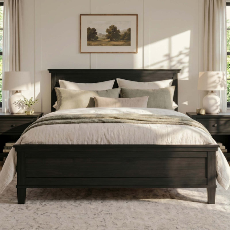 Lit plateforme en bois de style Mid-Century, cadre de lit de style campagnard avec tête de lit et support à lattes de bois, aucun sommier nécessaire