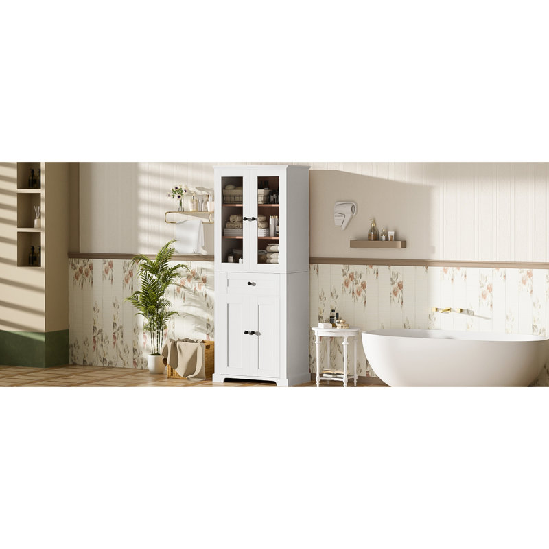 Tall Bathroom Storage Cabinet With Dual Glass Doors, Adjustable Shelving, Drawer, Soft-Close Function & Hardware For Stability