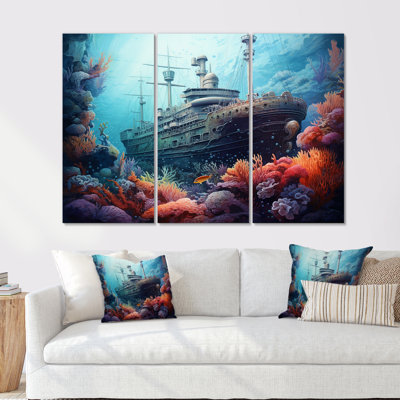 «Titanic Under Water Memory I» - ensemble d'art mural sur toile corail sous l'eau
