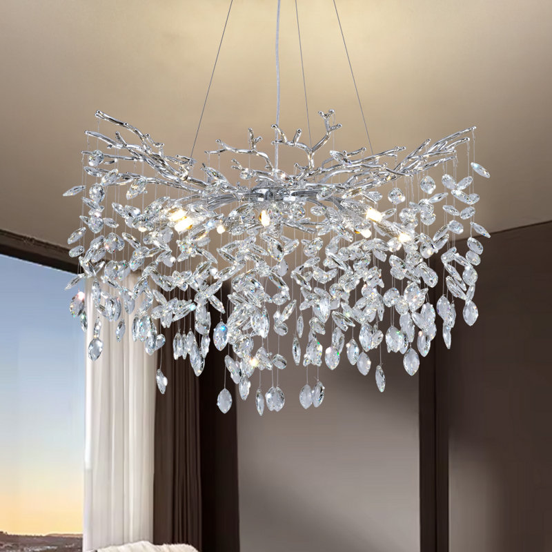 10-Light 30" Dimmable Tree Branches Crystal Linear Chandelier, Silver