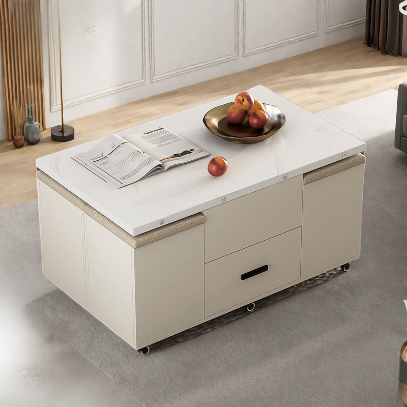 Table basse moderne pliante avec 4 tabourets, 2 tiroirs et un espace de rangement caché 